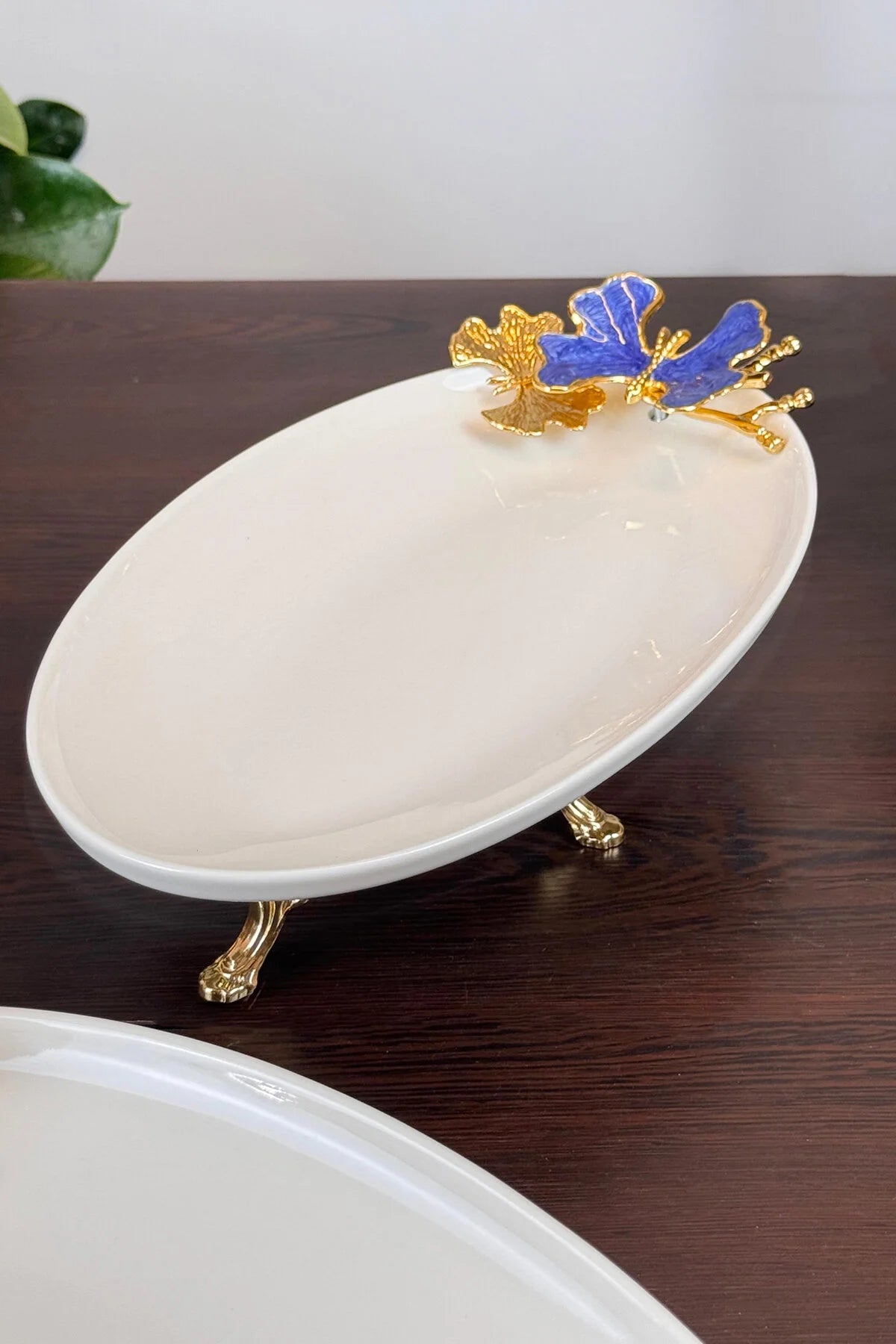 Blue Butterfly 2'Li Oval Sunumluk Mezelik Tabak & Gold Ayaklı Kayık Tabak