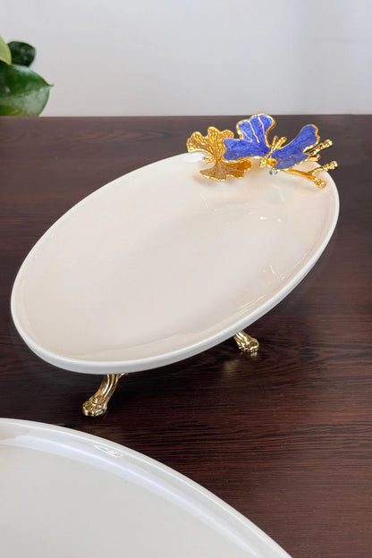 Blue Butterfly 2'Li Oval Sunumluk Mezelik Tabak & Gold Ayaklı Kayık Tabak