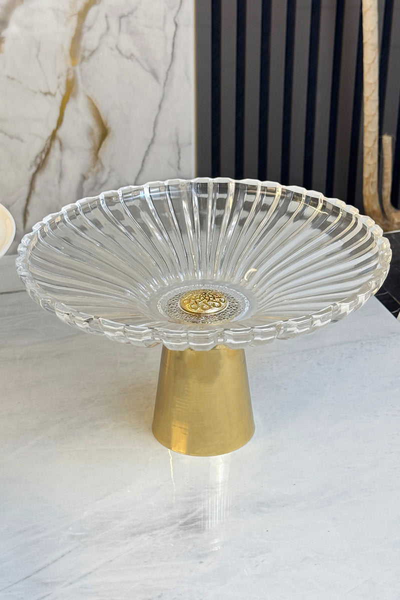 Vervo Gold Metal Ayaklı Cam Tabak & Kurabiye Kek Pasta Servisliği Sunumluğu (YIKANABİLİR)