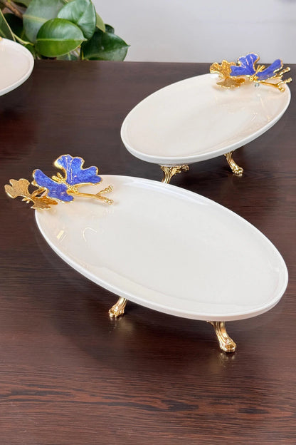 5 Parça Blue Butterfly Kand Ayaklı Porselen Kase Oval Tabak Sunum Seti