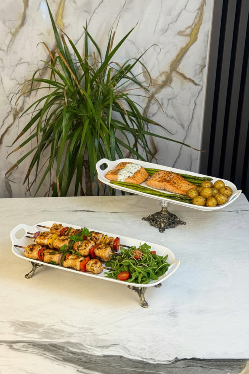 2'Li Ayaklı Porselen Kayık Sunum Tabağı & Kulplu Meze Yemek Servisliği
