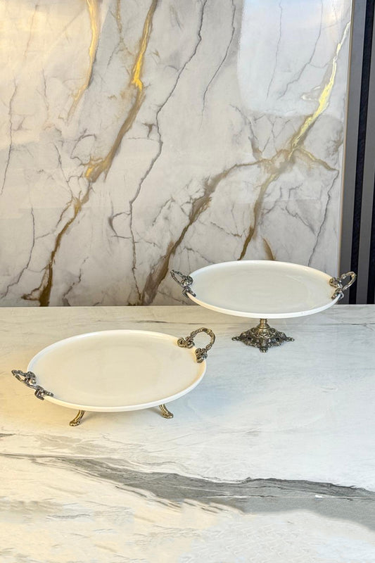 2'Li Antik Ayaklı Kulplu Porselen Sunumluk Tabak