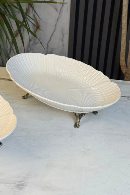 2'Li Porselen Kayık Sunum Tabağı & Metal Ayaklı Oval Meze Yemek İkramlık Servsiliği