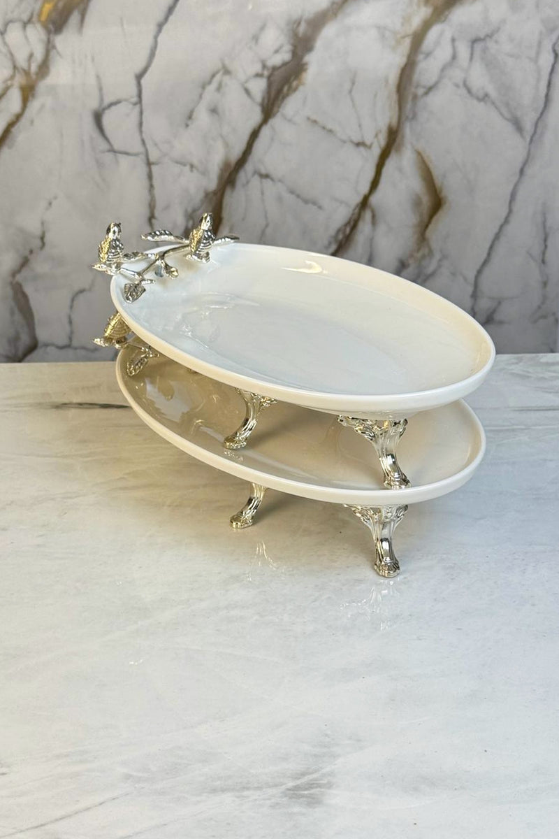 2'Li Oval Porselen Sunumluk Servsilik & Ayaklı Kayık Meze Tabağı
