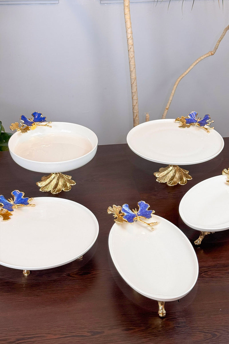 5 Parça Blue Butterfly Kand Ayaklı Porselen Kase Oval Tabak Sunum Seti