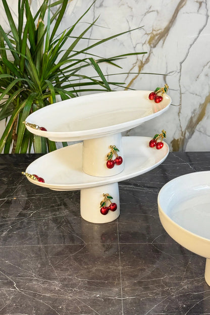 2'Li Kiraz Figürlü Kayık Porselen Ayaklı Sunum Tabağı & Salata Meze Servis Standı