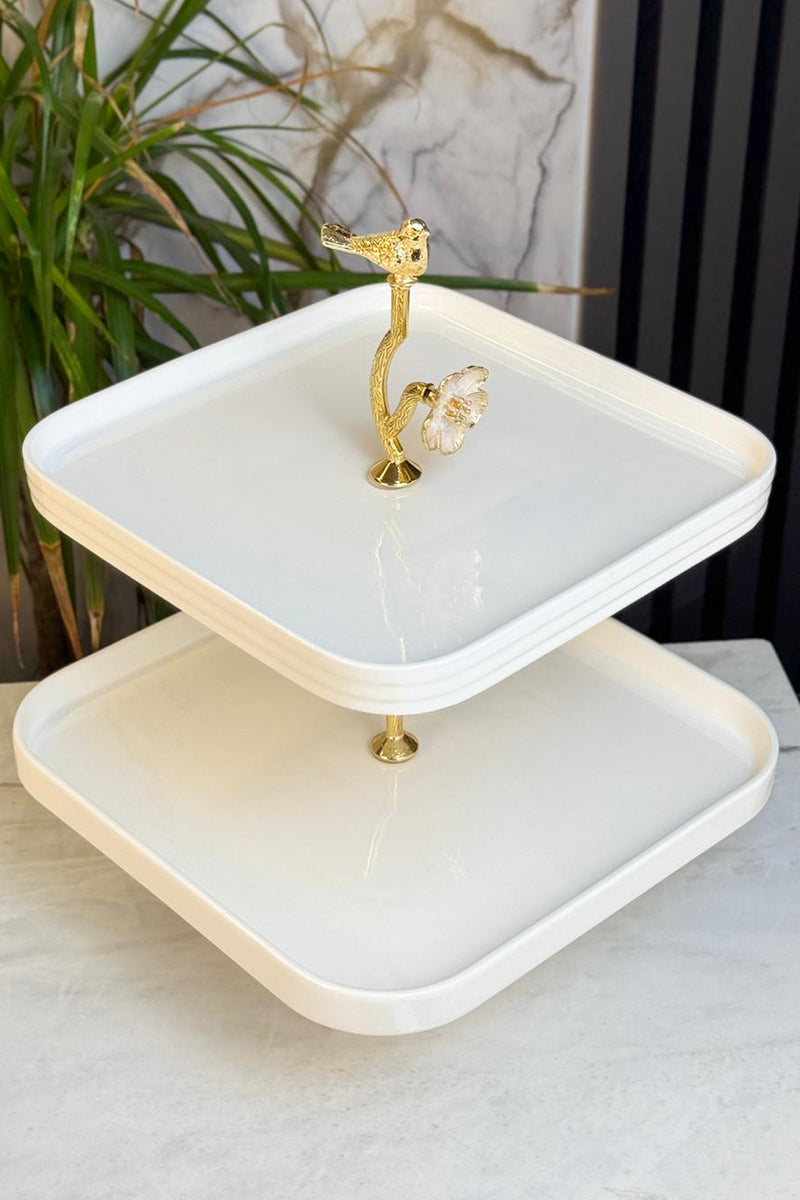 3 Parça Gold Detaylı Porselen Sunum Tabağı Seti & Kurabiyelik Pasta Yemek Servisliği