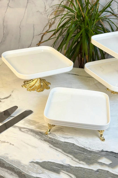 3 Parça Gold Detaylı Porselen Sunum Tabağı Seti & Kurabiyelik Pasta Yemek Servisliği