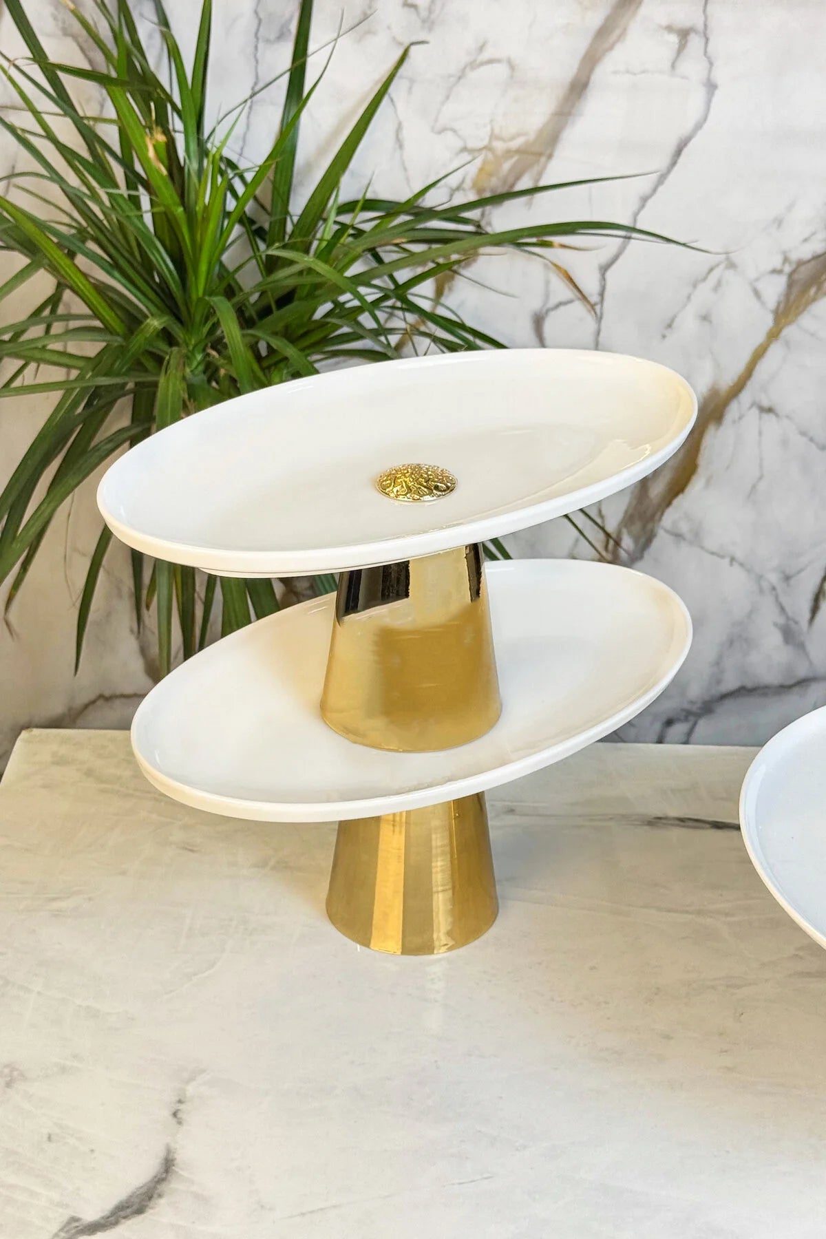 3'Lü Porselen Gold Ayaklı Tabak Kayık Seti & Salata Kek Kurabiye Sunumluğu Servisliği ( Yıkanabilir)