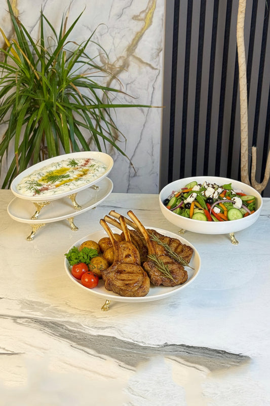 4 Parça Porselen Sunum Seti &Metal Ayaklı Kase Kayık Tabak Servis Seti